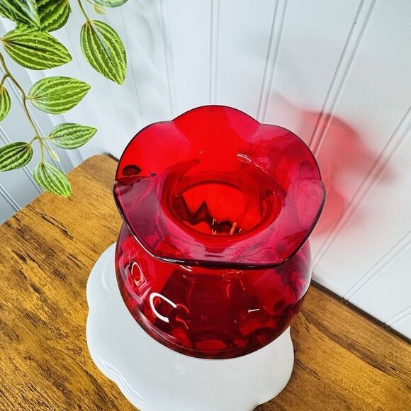 Vintage Ruby Red Glass Vase Bowl Ruffled Ribbed Melon Heavy BEAUTIFUL 9.25” - Picture 4 of 11